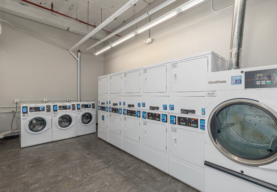 A row of white washing machines are lined up in a laundry room.